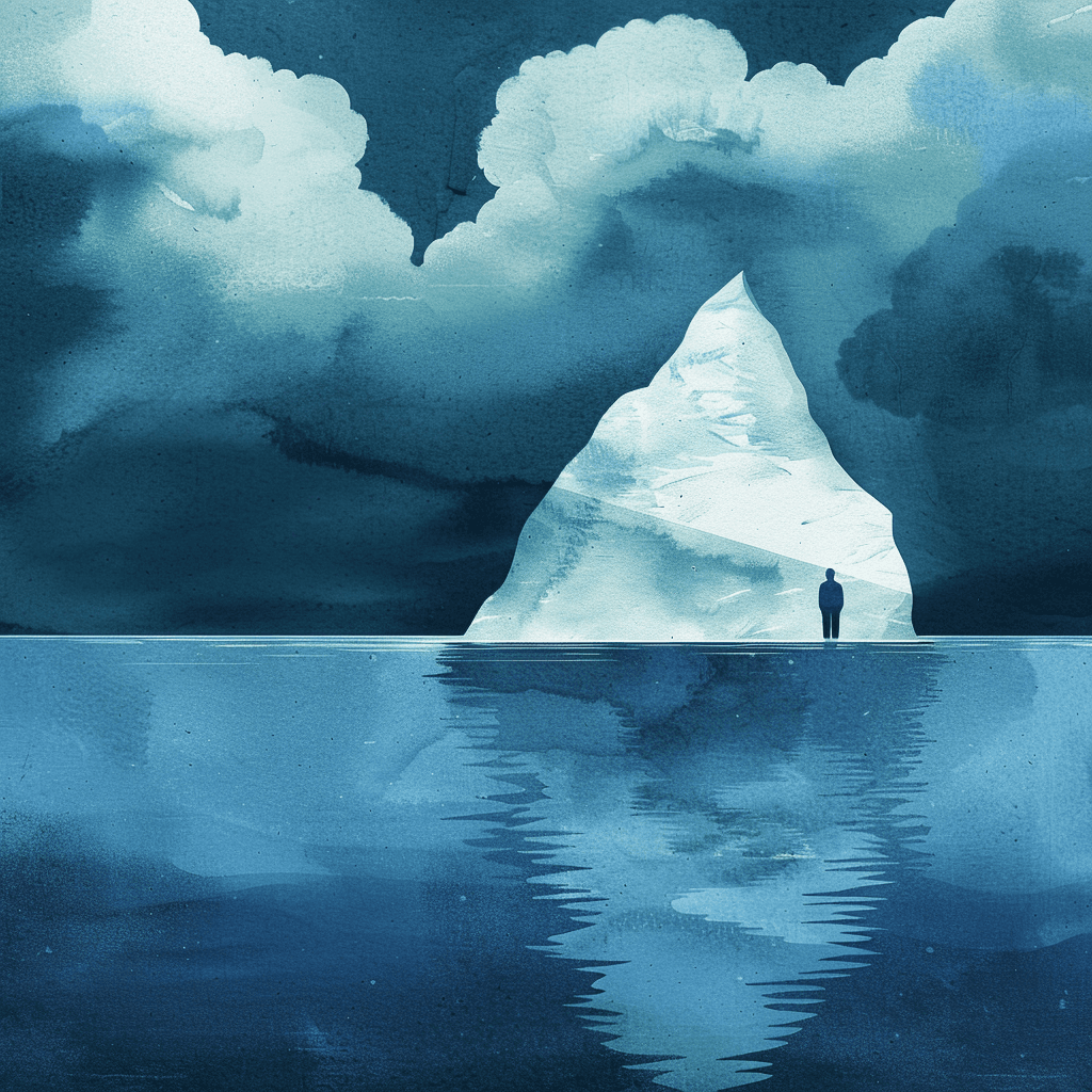 a watercolor of a figure standing near the tip of an iceberg