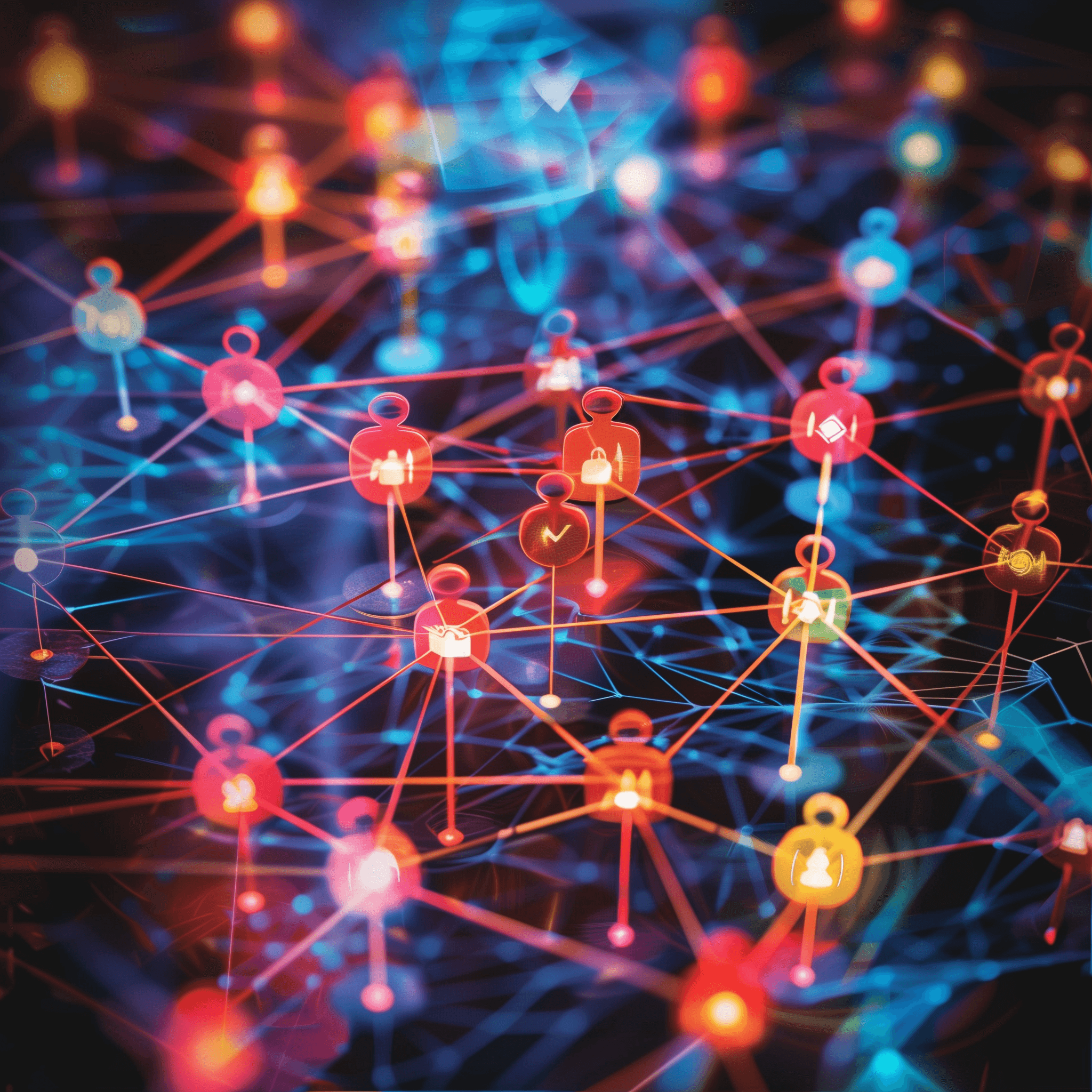 Digital network visualization showing interconnected nodes with human icons in vibrant blue, red, and orange colors on a dark background, representing a complex social or technological network